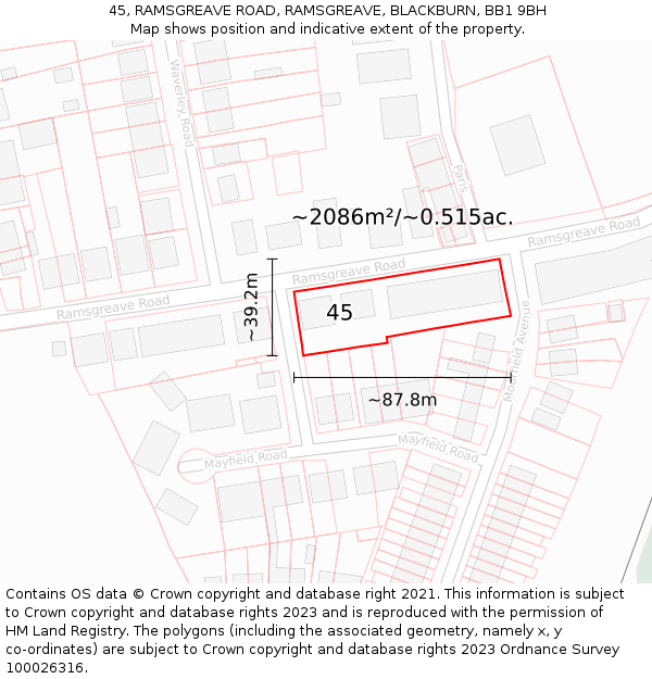 45, RAMSGREAVE ROAD, RAMSGREAVE, BLACKBURN, BB1 9BH: Plot and title map