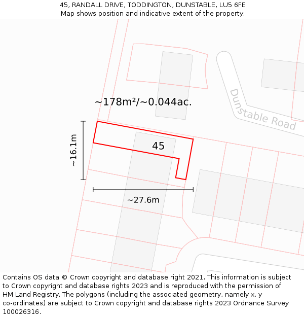 45, RANDALL DRIVE, TODDINGTON, DUNSTABLE, LU5 6FE: Plot and title map