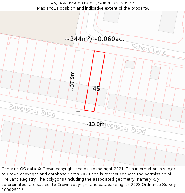 45, RAVENSCAR ROAD, SURBITON, KT6 7PJ: Plot and title map