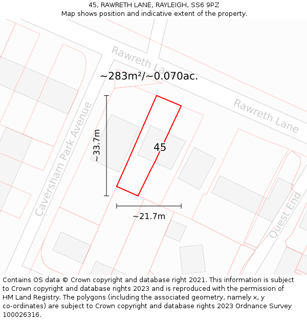 45, RAWRETH LANE, RAYLEIGH, SS6 9PZ: Plot and title map
