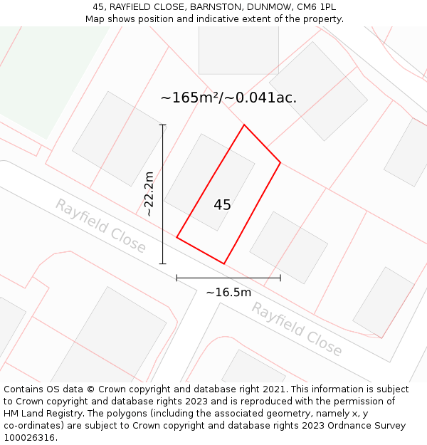 45, RAYFIELD CLOSE, BARNSTON, DUNMOW, CM6 1PL: Plot and title map