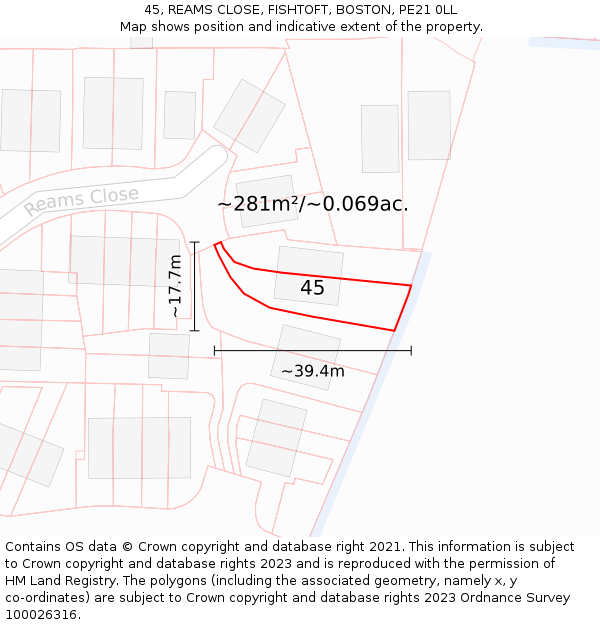 45, REAMS CLOSE, FISHTOFT, BOSTON, PE21 0LL: Plot and title map