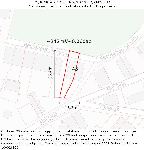 45, RECREATION GROUND, STANSTED, CM24 8BD: Plot and title map