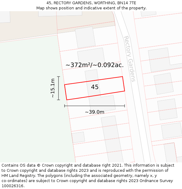 45, RECTORY GARDENS, WORTHING, BN14 7TE: Plot and title map