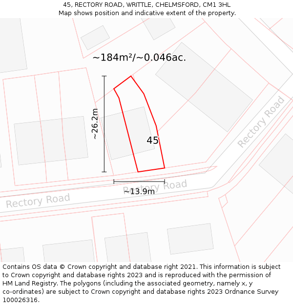 45, RECTORY ROAD, WRITTLE, CHELMSFORD, CM1 3HL: Plot and title map