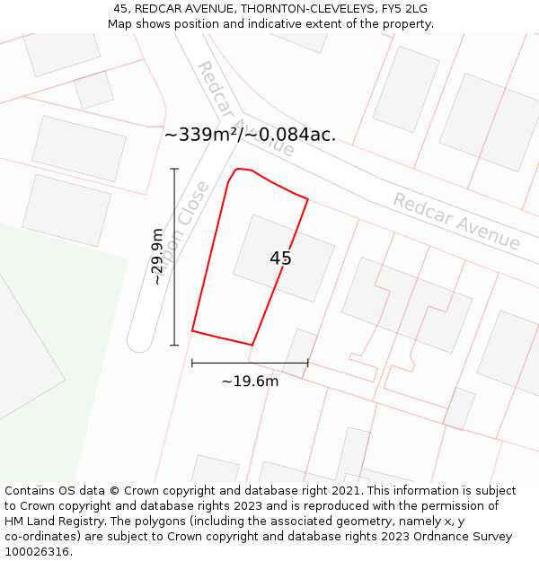 45, REDCAR AVENUE, THORNTON-CLEVELEYS, FY5 2LG: Plot and title map