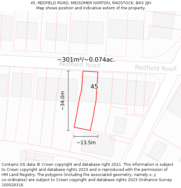 45, REDFIELD ROAD, MIDSOMER NORTON, RADSTOCK, BA3 2JH: Plot and title map