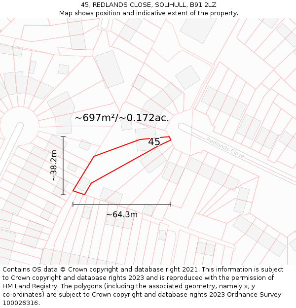 45, REDLANDS CLOSE, SOLIHULL, B91 2LZ: Plot and title map