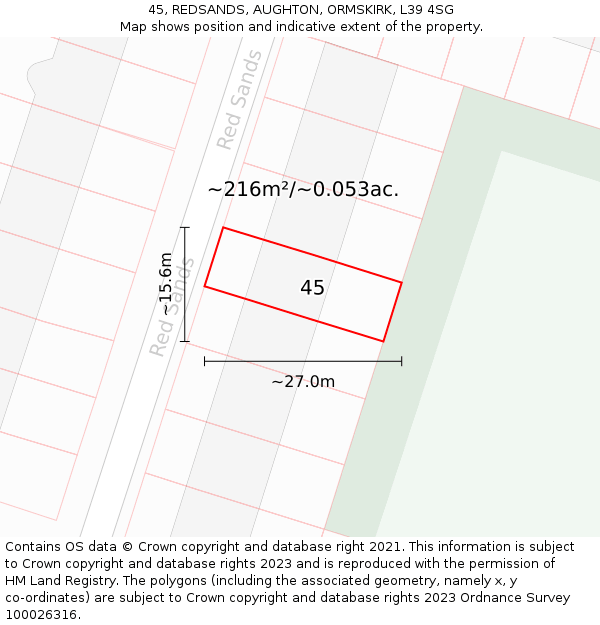 45, REDSANDS, AUGHTON, ORMSKIRK, L39 4SG: Plot and title map