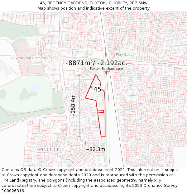 45, REGENCY GARDENS, EUXTON, CHORLEY, PR7 6NW: Plot and title map