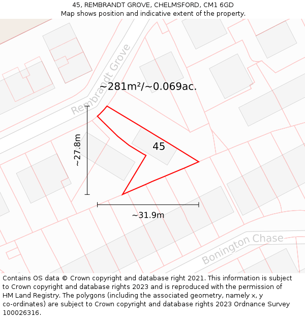 45, REMBRANDT GROVE, CHELMSFORD, CM1 6GD: Plot and title map