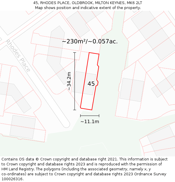 45, RHODES PLACE, OLDBROOK, MILTON KEYNES, MK6 2LT: Plot and title map