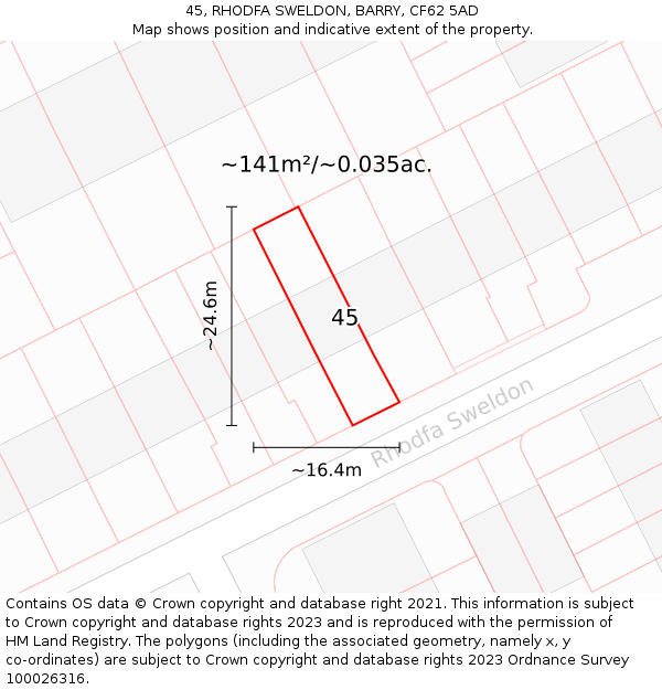 45, RHODFA SWELDON, BARRY, CF62 5AD: Plot and title map