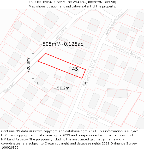 45, RIBBLESDALE DRIVE, GRIMSARGH, PRESTON, PR2 5RJ: Plot and title map