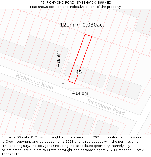 45, RICHMOND ROAD, SMETHWICK, B66 4ED: Plot and title map