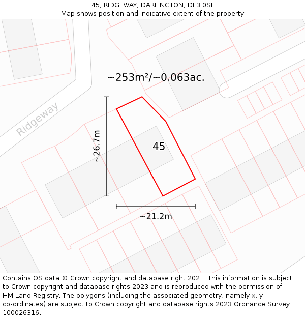 45, RIDGEWAY, DARLINGTON, DL3 0SF: Plot and title map