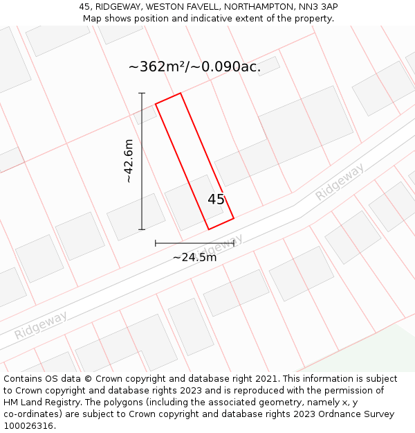 45, RIDGEWAY, WESTON FAVELL, NORTHAMPTON, NN3 3AP: Plot and title map