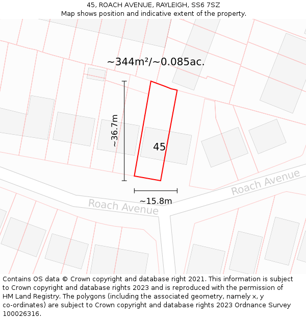 45, ROACH AVENUE, RAYLEIGH, SS6 7SZ: Plot and title map