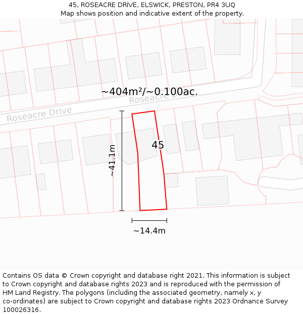 45, ROSEACRE DRIVE, ELSWICK, PRESTON, PR4 3UQ: Plot and title map