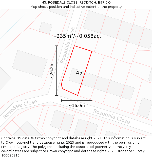 45, ROSEDALE CLOSE, REDDITCH, B97 6JQ: Plot and title map