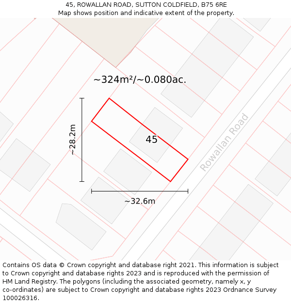 45, ROWALLAN ROAD, SUTTON COLDFIELD, B75 6RE: Plot and title map