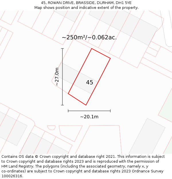 45, ROWAN DRIVE, BRASSIDE, DURHAM, DH1 5YE: Plot and title map