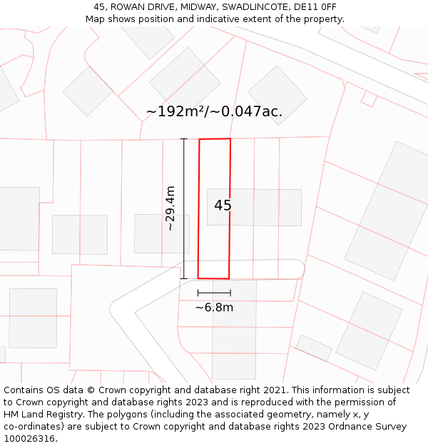 45, ROWAN DRIVE, MIDWAY, SWADLINCOTE, DE11 0FF: Plot and title map