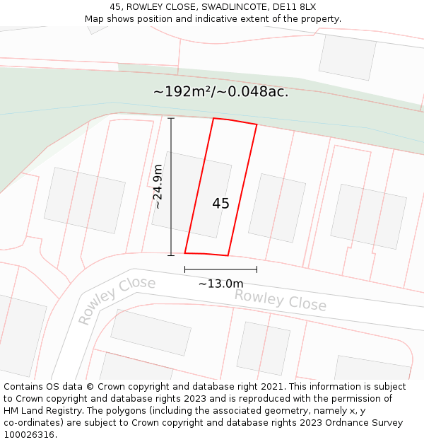 45, ROWLEY CLOSE, SWADLINCOTE, DE11 8LX: Plot and title map