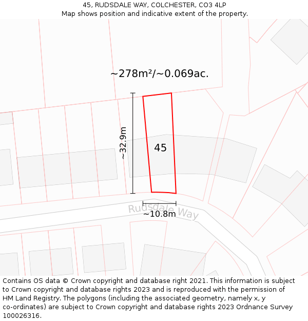 45, RUDSDALE WAY, COLCHESTER, CO3 4LP: Plot and title map