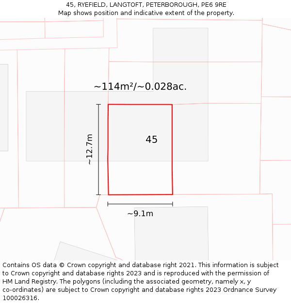 45, RYEFIELD, LANGTOFT, PETERBOROUGH, PE6 9RE: Plot and title map