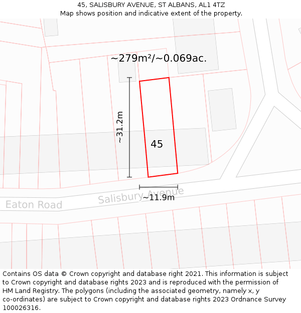 45, SALISBURY AVENUE, ST ALBANS, AL1 4TZ: Plot and title map