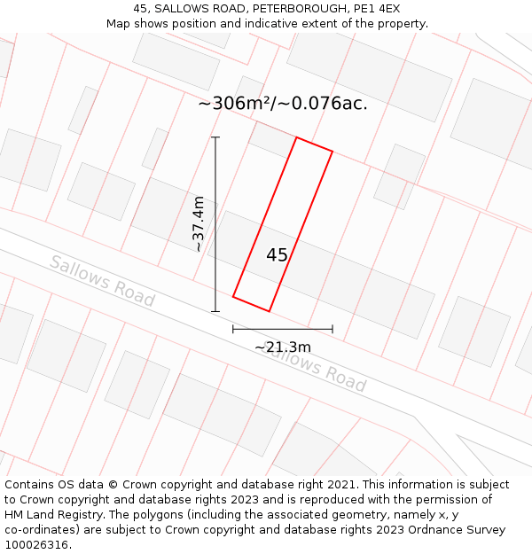 45, SALLOWS ROAD, PETERBOROUGH, PE1 4EX: Plot and title map