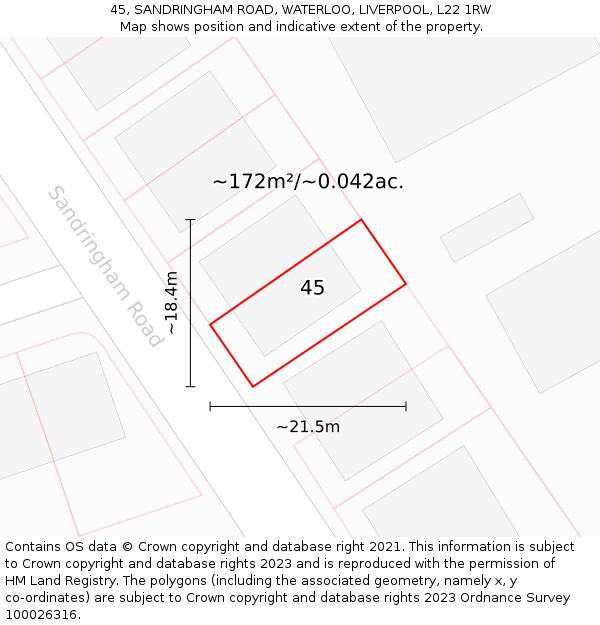 45, SANDRINGHAM ROAD, WATERLOO, LIVERPOOL, L22 1RW: Plot and title map