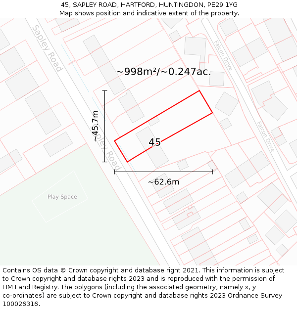 45, SAPLEY ROAD, HARTFORD, HUNTINGDON, PE29 1YG: Plot and title map