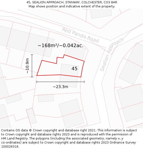 45, SEALION APPROACH, STANWAY, COLCHESTER, CO3 8AR: Plot and title map