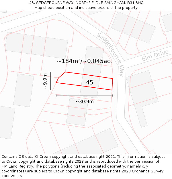 45, SEDGEBOURNE WAY, NORTHFIELD, BIRMINGHAM, B31 5HQ: Plot and title map