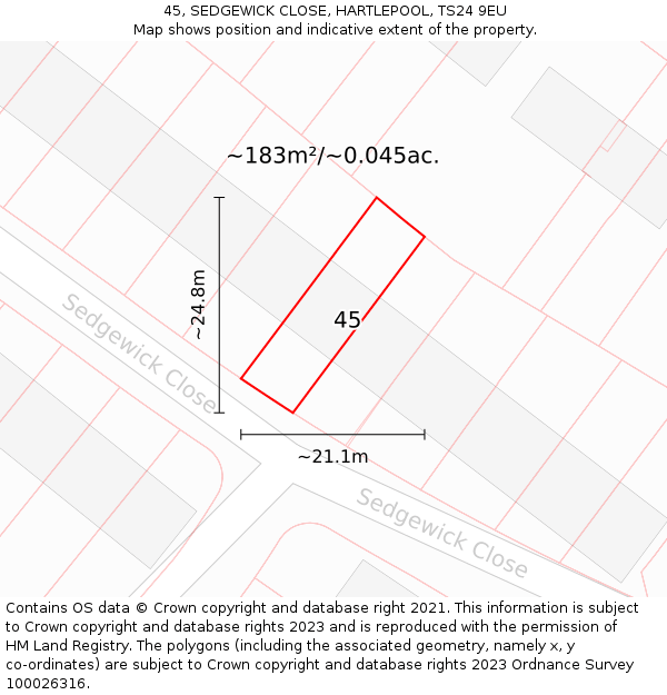 45, SEDGEWICK CLOSE, HARTLEPOOL, TS24 9EU: Plot and title map