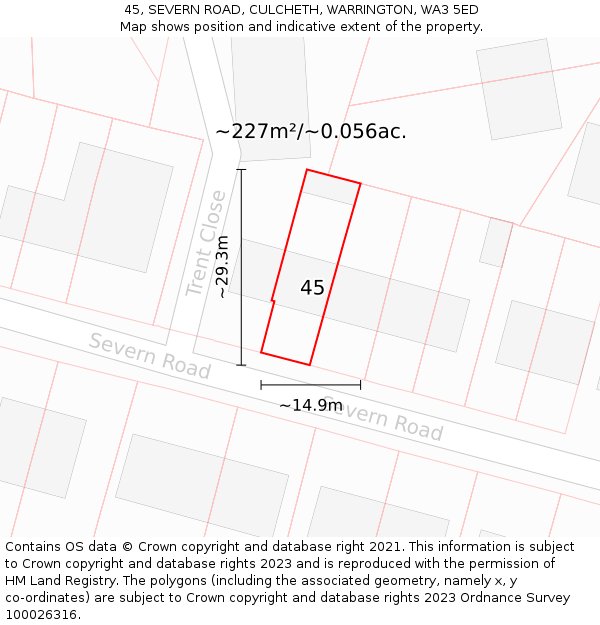 45, SEVERN ROAD, CULCHETH, WARRINGTON, WA3 5ED: Plot and title map