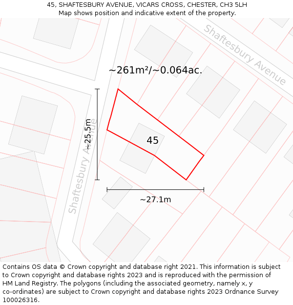 45, SHAFTESBURY AVENUE, VICARS CROSS, CHESTER, CH3 5LH: Plot and title map