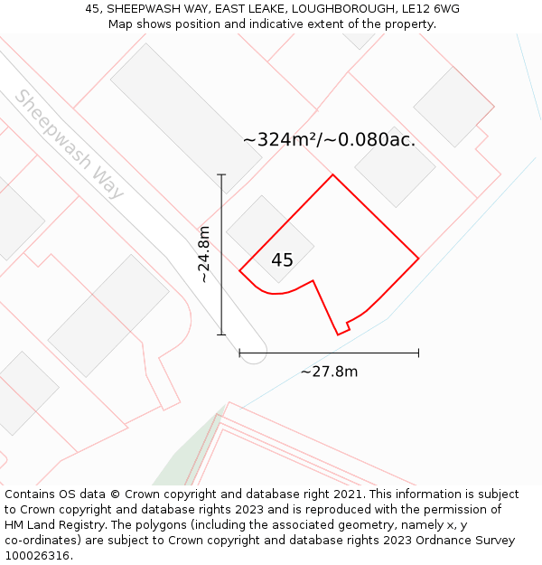 45, SHEEPWASH WAY, EAST LEAKE, LOUGHBOROUGH, LE12 6WG: Plot and title map