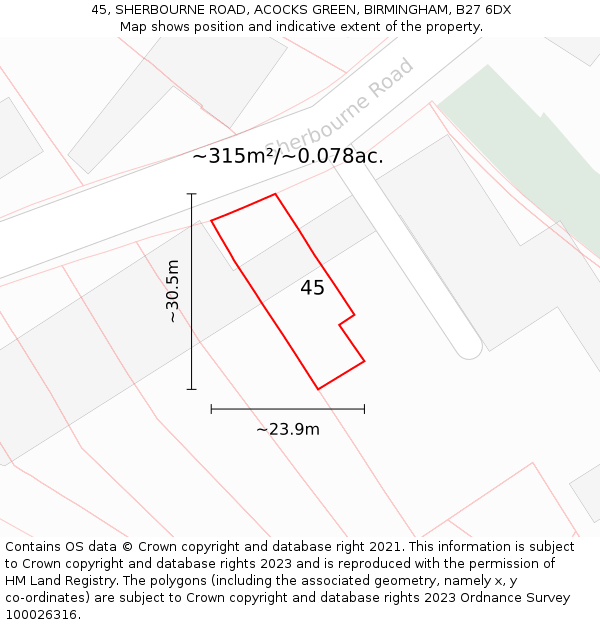45, SHERBOURNE ROAD, ACOCKS GREEN, BIRMINGHAM, B27 6DX: Plot and title map
