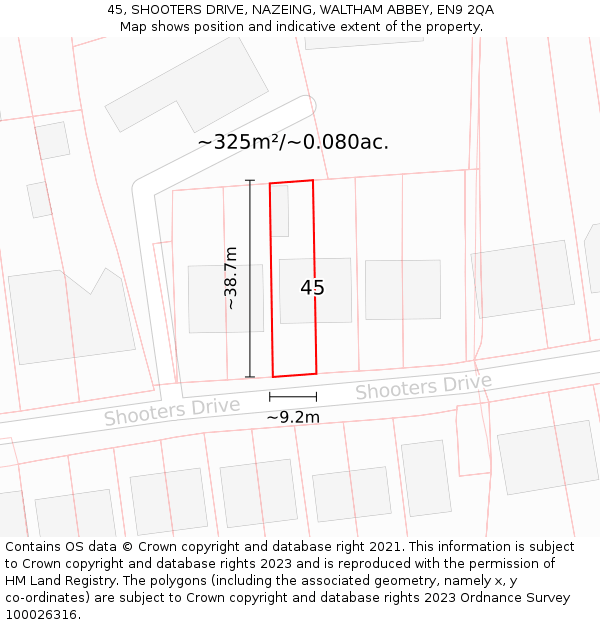 45, SHOOTERS DRIVE, NAZEING, WALTHAM ABBEY, EN9 2QA: Plot and title map