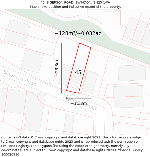 45, SIGERSON ROAD, SWINDON, SN25 1WA: Plot and title map