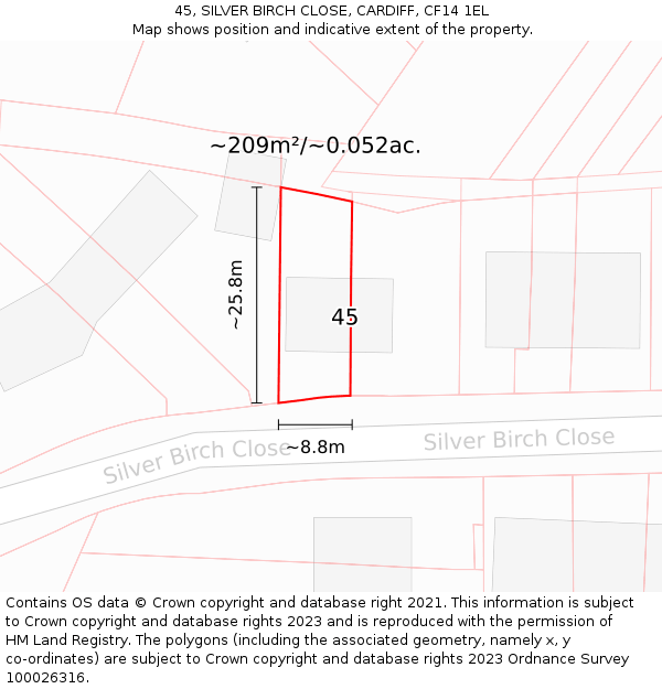 45, SILVER BIRCH CLOSE, CARDIFF, CF14 1EL: Plot and title map