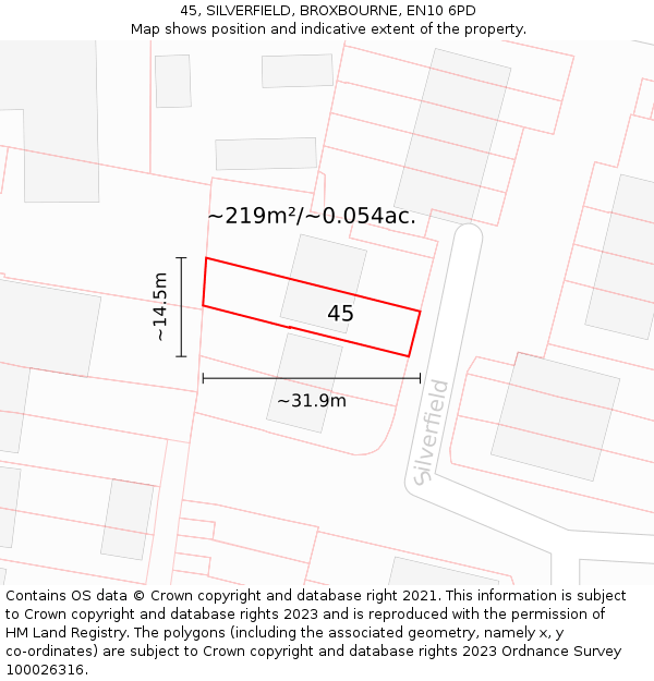 45, SILVERFIELD, BROXBOURNE, EN10 6PD: Plot and title map
