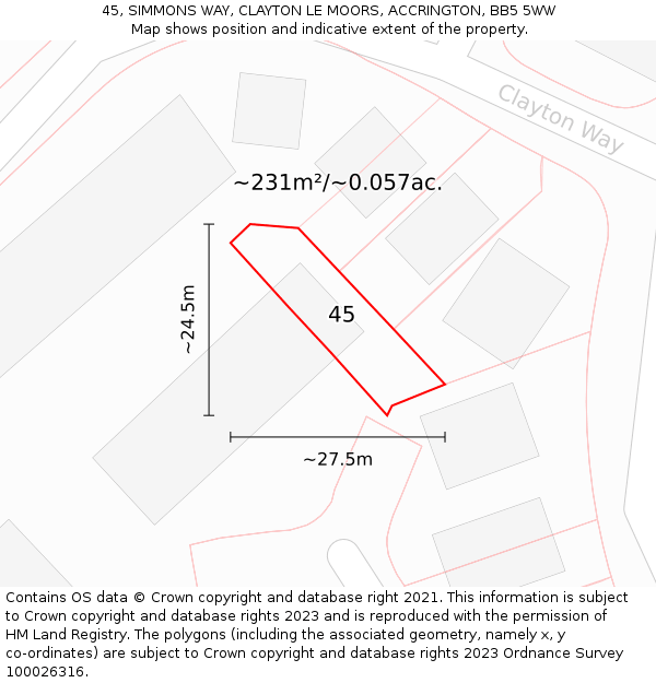 45, SIMMONS WAY, CLAYTON LE MOORS, ACCRINGTON, BB5 5WW: Plot and title map