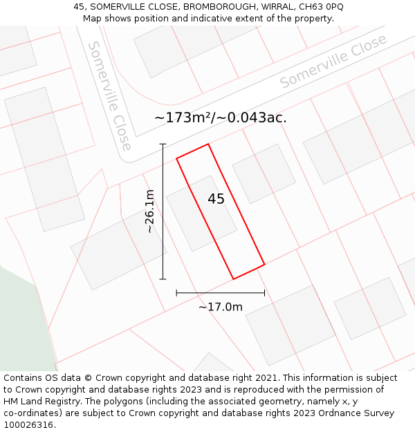 45, SOMERVILLE CLOSE, BROMBOROUGH, WIRRAL, CH63 0PQ: Plot and title map