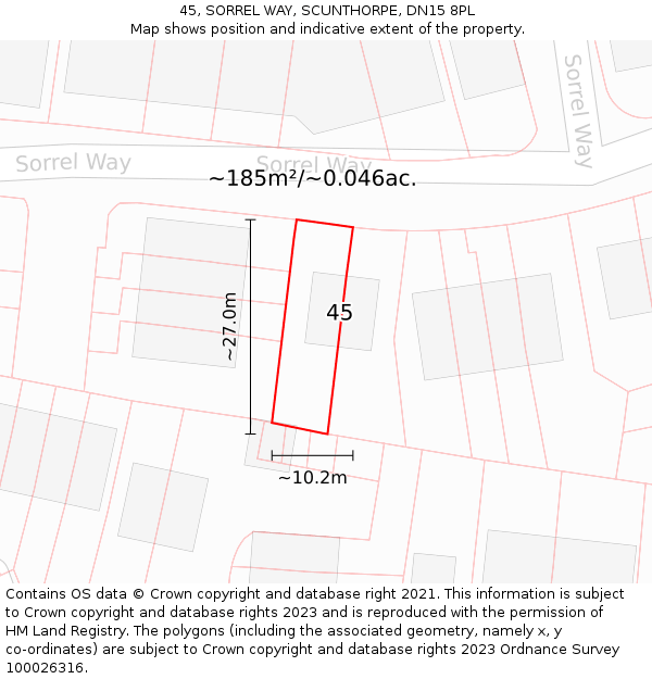 45, SORREL WAY, SCUNTHORPE, DN15 8PL: Plot and title map