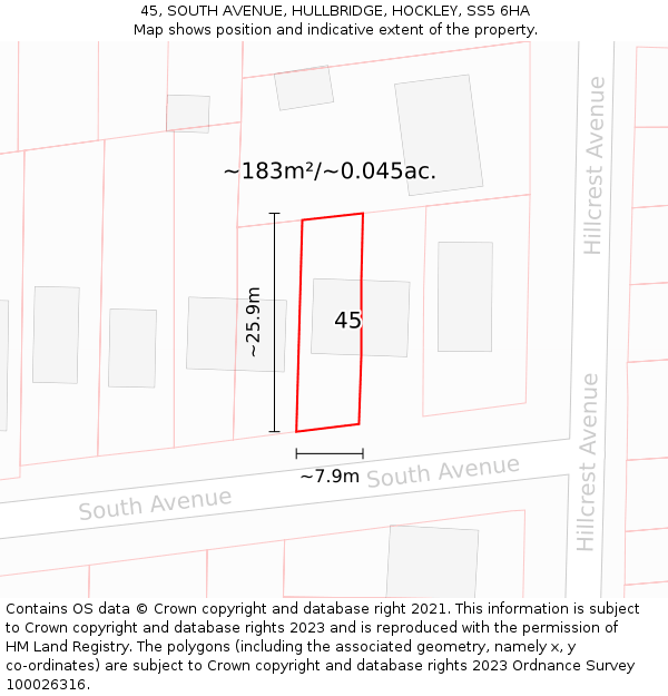 45, SOUTH AVENUE, HULLBRIDGE, HOCKLEY, SS5 6HA: Plot and title map