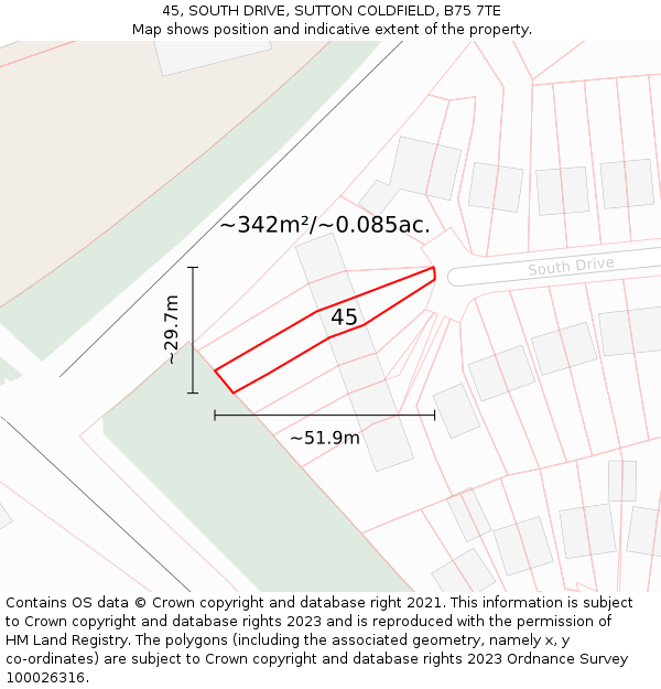 45, SOUTH DRIVE, SUTTON COLDFIELD, B75 7TE: Plot and title map